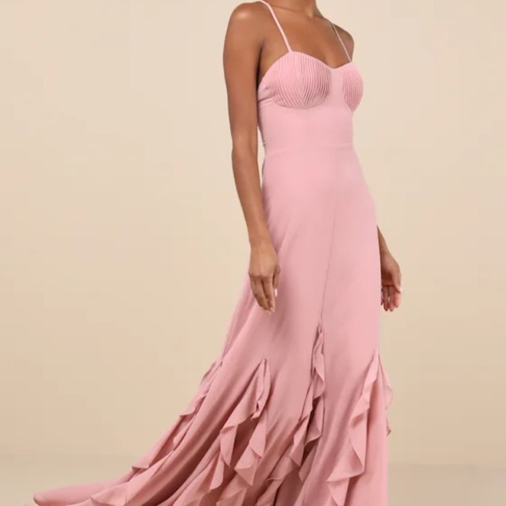 Lulu’s Priela Pink Ruffled Lace-Up Maxi Dress